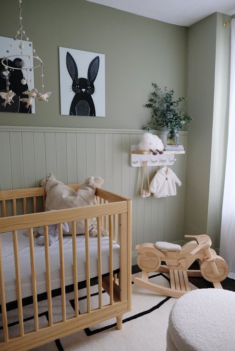 ThisHouse5000 Green Nursery Colors, Minimal Baby Room, Light Green Nursery, Olive Paint, Green Nursery Decor, Modern Vintage Bedrooms, Nursery Inspiration Neutral, Modern Baby Room, Green Baby Room