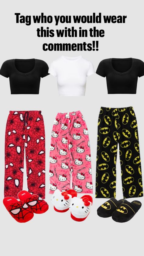 #spiderman #batman #hellokitty Spiderman Outfit, Matching Outfits Best Friend, Kitty Clothes, Hello Kitty Clothes, Womens Pjs, Cute Pjs, Cute Pajama Sets, Bff Outfits, Outfit Inspo Casual