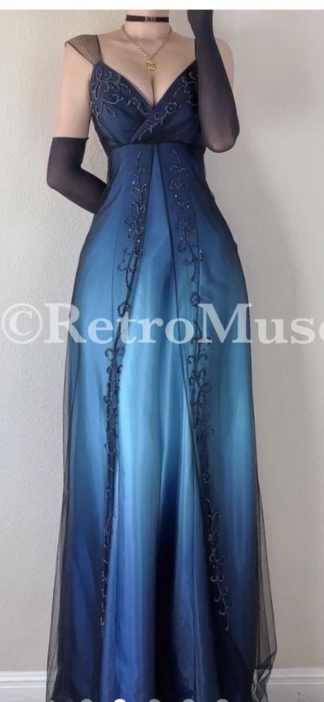 Prom Dresses That Cover Your Back, Black And Blue Prom Dresses, Dark Blue Victorian Dress, Long Sleeve Prom Dress Aesthetic, Dark Blue 90s Prom Dress, Dark Fairy Prom Dress, 2000’s Prom Dresses, Gothic Blue Dress, Masquerade Ball Gowns Prom