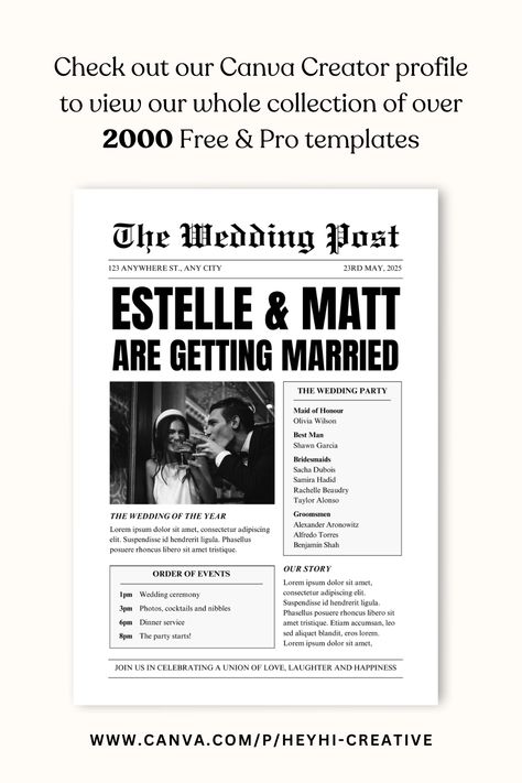 Wedding newspaper template, "the wedding post" a wedding program laid out like a black and white newspaper. Newspaper Wedding Programs Diy, Engagement Announcement Newspaper, Diy Wedding Newspaper, Wedding Program Template Free, Black And White Newspaper, Wedding Newspaper Template, White Newspaper, Free Wedding Templates, Newspaper Wedding