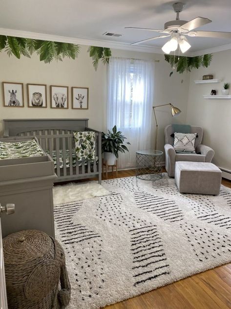 Soft Jungle Nursery, Grey And Green Nursery Gender Neutral, Gender Neutral Nursery Cribs & Toddler Beds, Black Safari Nursery, 2024 Baby Nursery, Gender Natural Nursery, Soft Color Nursery, Animal Kingdom Nursery Ideas, Baby Boys Room Nursery