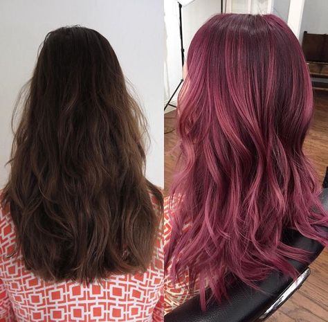 Rose Pink Brunette Hair, Dark Rose Hair Color, Light Brown To Pink Ombre Hair, Sparkling Raspberry Hair Color, Pink Hair Dye Ideas Brunettes, Dark Dusty Pink Hair, Pink Hair On Brunette, Dark Mauve Hair, Dark Pink Balayage