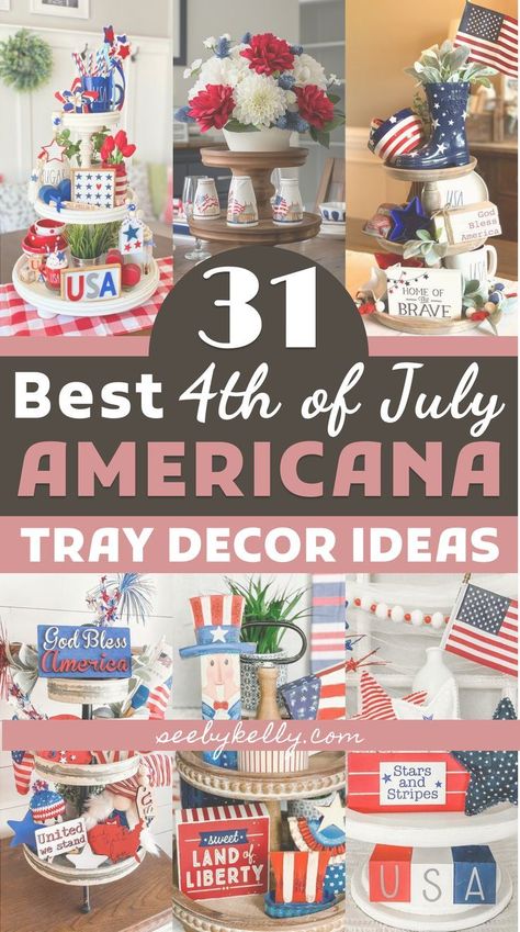 How to Make Your Own Patriotic 4th of July Wreath Fourth Of July Table Decor, Fourth Of July Tablescapes, 4th Of July Tiered Tray Decor, Patriotic Tablescapes, Tiered Tray Decor Ideas, July Aesthetic, Tray Decor Ideas, July Desserts, Fourth Of July Decorations