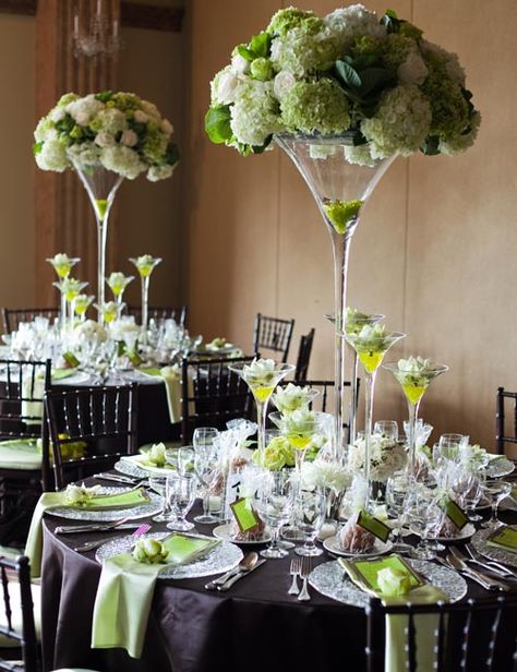 martini glass centerpieces for wedding | modern elegant tall martini glass centerpieces Wedding Carnations, Martini Centerpiece, Yellow Reception, Martini Glass Centerpiece, Glass Vases Centerpieces, Green Centerpieces, Wedding Reception Centerpieces, Reception Centerpieces, Tall Centerpieces