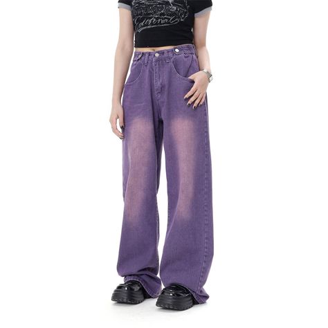 Purple Denim Outfit, Purple Themed Outfits, Pink And Purple Outfit Ideas, Purple Baggy Jeans, Black Purple Outfit, Purple Outfits Ideas, Purple And Pink Outfit, Purple Grunge Outfits, Purple And Green Outfit