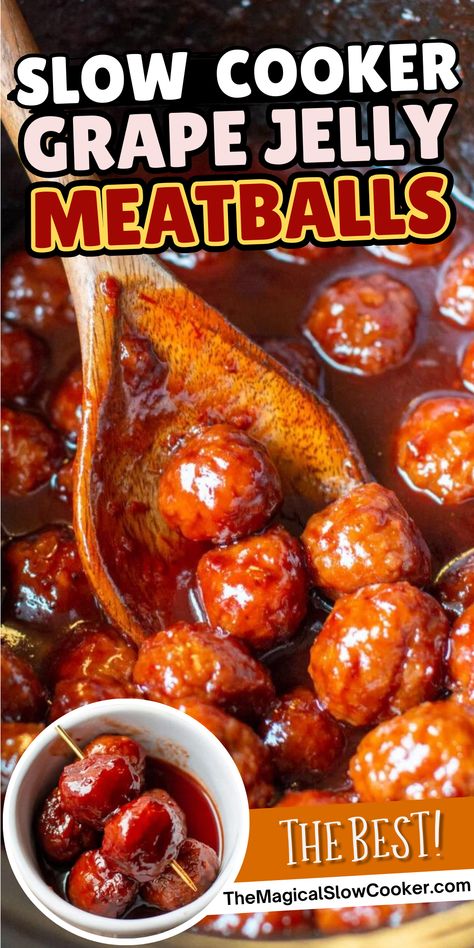 Only three ingredients to make these easy Slow Cooker Grape Jelly Meatballs! Great for any party. #meatballs #slowcooker #crockpot #grapejellymeatballs - The Magical Slow Cooker Slow Cooker Grape Jelly Meatballs, Party Meatballs, Crockpot Meatballs, Meatball Recipes Crockpot, Slow Cooker Asian, Magical Slow Cooker, Jelly Meatballs, Grape Jelly Meatballs, Bbq Meatballs