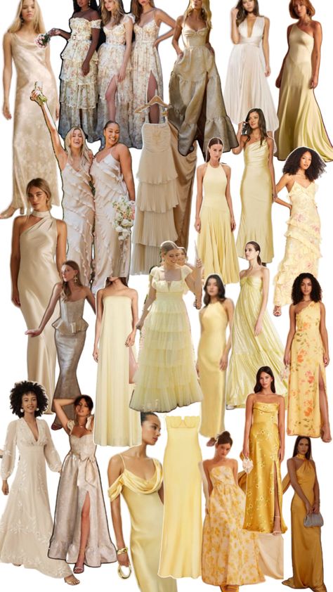 champagne to yellow Champagne Gold Bridesmaid Dresses, Mixed Bridesmaid Dresses, Long Gold Bridesmaid Dresses, Cream Bridesmaid Dresses, Elegant Wedding Colors, Yellow Champagne, Champagne Gown, Champagne Bridesmaid Dresses, Gold Bridesmaid Dresses