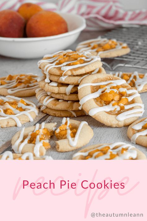 This peach pie cookies recipe starts off with a soft, chewy sugar cookie base. Each cookie is topped with homemade peach pie filling before being baked to perfection. After baking and allowing them to cool, each peach pie cookie is drizzled with vanilla bean glaze. They’re easy to make, yet oh SO delicious! Make a batch for the peach pie lover in your life! Fresh Peach Cookie Recipes, Peach Pie Filling Recipes Desserts, Peach Pie Cookies, Peach Sugar Cookies, Fresh Peach Pie Filling, Homemade Peach Pie Filling, Peach Cobbler Cookies, Peach Cookies Recipe, Cobbler Cookies