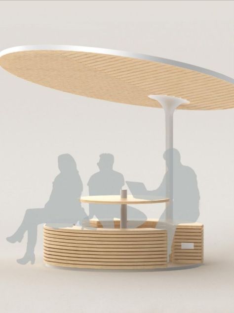 Pods are a neat solution for renewable energy for your outdoor office, home, or cafe. The round solar canopy mimics a large jungle leaf, shading comfortable seating space below. The flexible design comes with or without a table and can be used as an outdoor work space, study area, or compact shaded bench for urban areas. The design includes internal battery storage so Pod can provide power for versatile patron needs. Shade Seating Area, Table Outdoor Design, Outdoor Working Space Design, Outdoor Office Furniture, Outdoor Shading Ideas, Shade Design Outdoor, Round Sitting Area, Outdoor Study Area, Round Bench Seating