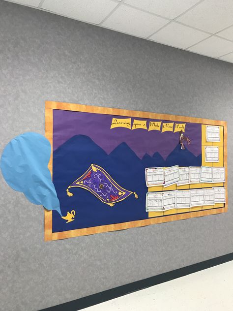 Aladdin bulletin board for student work in the hall. School theme is Disney. Aladdin Bulletin Board, Aladdin Classroom Theme, Disney School Theme, Kindness Door, Magical Classroom, Aladdin Theme, Aladdin Musical, Magic Decorations, Hall School