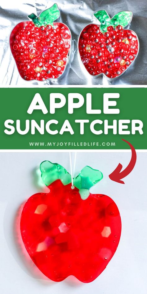 If you're doing an apple them or unit in your homeschool or preschool, this apple suncatcher craft will be a great addition to your planned activities. Apple Suncatcher Craft, Apple Crafts For Adults, Apple Suncatcher, Melted Bead Suncatcher, Fall Activity For Kids, Bead Suncatcher, Melted Beads, Apple Crafts, Fall Sensory