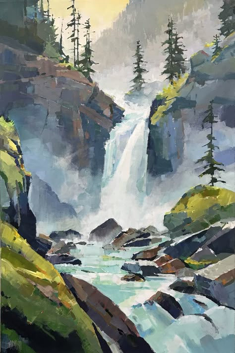 Randy Hayashi | Koyman Galleries Randy Hayashi, Rocky Waterfall, Cliff Art, Scenery Mountain, Watercolor Scenery, Waterfall Paintings, Waterfall Art, Landscape Paintings Acrylic, The Beauty Of Nature