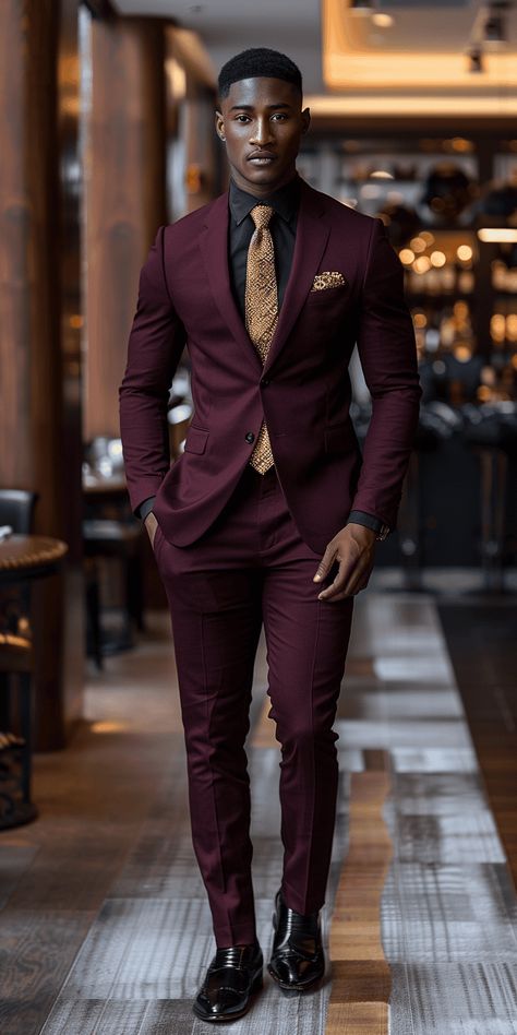 Wedding Day Dress To Impress For Men: Bold and Bright Suit Red Black And Gold Mens Suit, Men’s Wedding Outfit Casual, Chocolate Suits For Men, Burgundy Mens Outfit, Burgundy Groom Suit And Groomsmen, Wedding Ideas Men, Black Burgundy And Gold Wedding, Lame Outfits, Maroon And Black Wedding