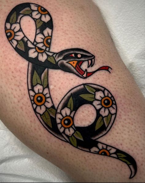 Americana Snake Tattoo, Taurus Tattoo Traditional, Traditional Style Snake Tattoo, Vertical Traditional Tattoo, American Traditional Wrist Tattoo, Knee Tattoo American Traditional, Witchy Traditional Tattoo, Traditional Stomach Tattoos Women, Slang Tattoo