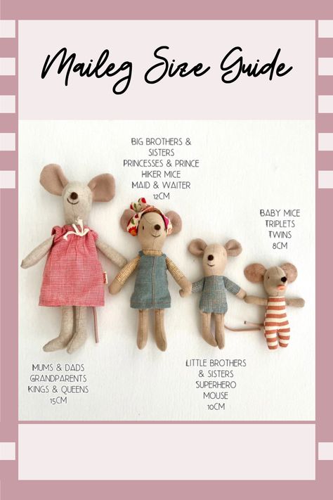 Check out our amazing Maileg size guide - includes details on mice sizes and which furniture to pick for them! Diy Maileg Mice, Maileg Mouse Pattern Free, Maileg Mice Clothes Pattern, Maileg Mouse Clothes Pattern, Diy Maileg Furniture, Maileg Dollhouse Ideas, Maileg Mouse Pattern, Maileg Mouse Clothes, Mice Dolls