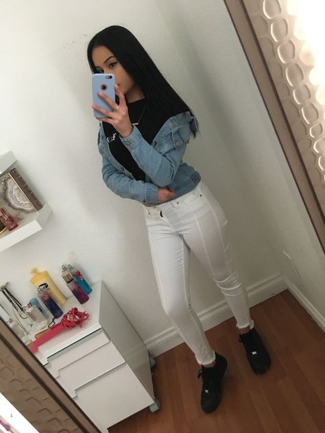 Cute / teen outfit / jean jacket / black crop top/ white jeans / black Air Force 1s Black Air Force 1 Outfit Street Styles, Black Air Force Outfit, Black Air Force 1 Outfit Women, Air Force 1 Outfit Woman Dress, Black Af1 Outfit, Air Force 1 Outfit Ideas, White Air Force Ones Outfit, Black Air Force 1 Outfit, Air Force Outfits