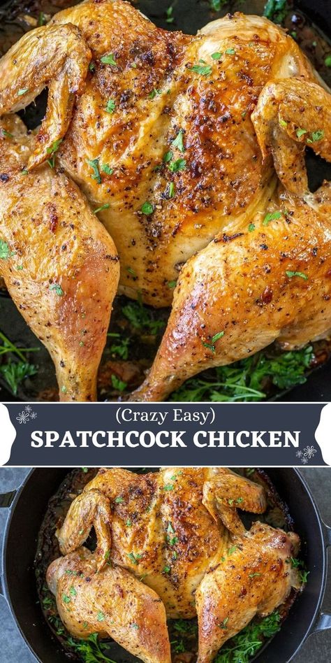 This recipe for spatchcock chicken gets a tender, juicy oven-roasted bird on the table in less than an hour’s time. Faster than roasting a whole bird and just as delicious! Best Whole Chicken Recipe, Whole Chicken Recipes Oven, Baked Whole Chicken Recipes, Chicken Cooking Times, Whole Baked Chicken, Cooking Whole Chicken, Spatchcock Chicken, Oven Chicken Recipes, Whole Chicken Recipes