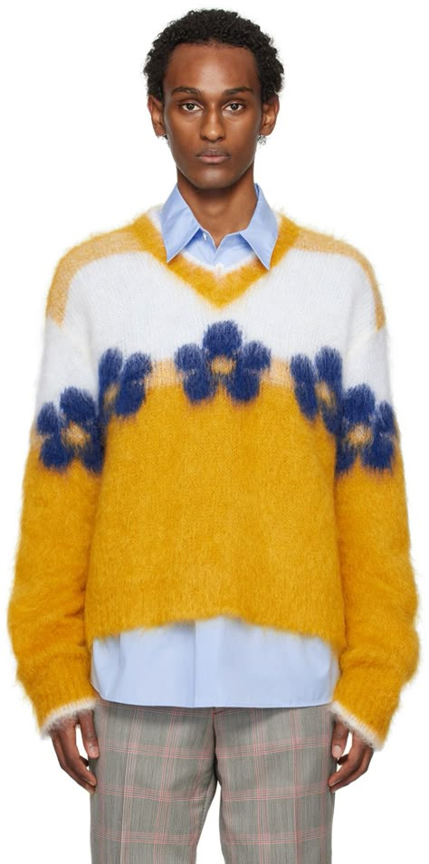 Brushed knit mohair-blend sweater. Intarsia floral pattern throughout. · V-neck · Dropped shoulders Supplier color: Light orange Pattern Sweater Outfit, Orange Color Block, Fuzzy Wuzzy, Yellow Clothes, Hot Sweater, Mohair Knit, Unique Sweaters, Swag Outfits For Girls, Mohair Sweater