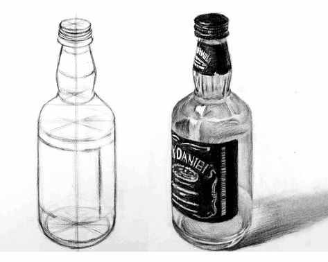 Wine Glass Sketch Drawings, How To Draw Glass Bottles, Bottle Sketch Pencil Drawings, Bottle Still Life Drawing, How To Draw A Bottle, Glass Bottle Drawing, Bottle Sketch, Piskel Art, Bottle Drawing