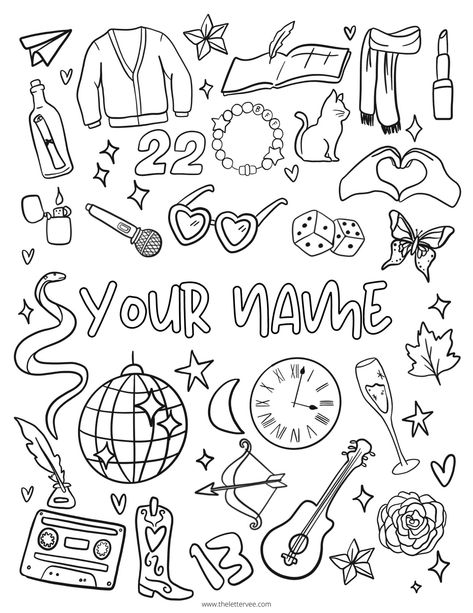 Things To Color In, Taylor Swift Sketch, Preppy Coloring Pages, Taylor Swift Coloring Pages, Fun Coloring Pages For Kids, Swiftie Party, Drawing Tut, Folder Ideas, Fun Coloring Pages