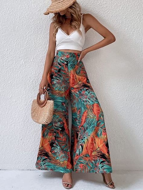 MakeMeChic Women's Palazzo Pants Casual High Waist Flowy Loose Wide Leg Pants at Amazon Women’s Clothing store Beach Palazzo Pants Outfit, Summer Pants 2024, Printed Palazzo Pants Outfit, Summer Wide Leg Pants Outfit, Wide Leg Pants Outfit Summer, Flowy Pants Outfit, Flowy Outfits, Plazo Designs, Wide Pants Outfit