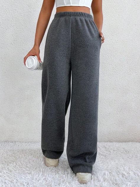 Dark Grey  Collar  Fabric Plain Straight Leg Embellished Medium Stretch  Women Clothing Straight Leg Sweatpants Outfit, Women Sweatpants, Sweatpants Outfit, Wide Leg Sweatpants, Outfits Ideas, Women Clothing, Womens Bottoms, Dark Grey, Elastic Waist