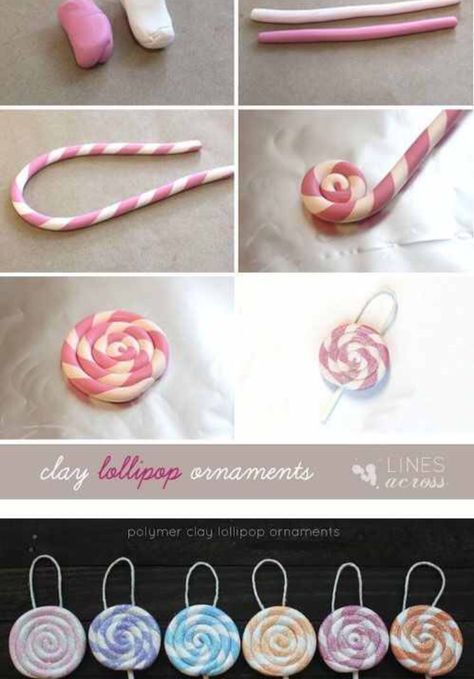 Candy Lollipop Ornaments, Cincin Diy, Candy Decorations Diy, Candy Ornaments, Polymer Clay Ornaments, Candy Decorations, Christmas Clay, Polymer Clay Christmas, Diy Upcycling