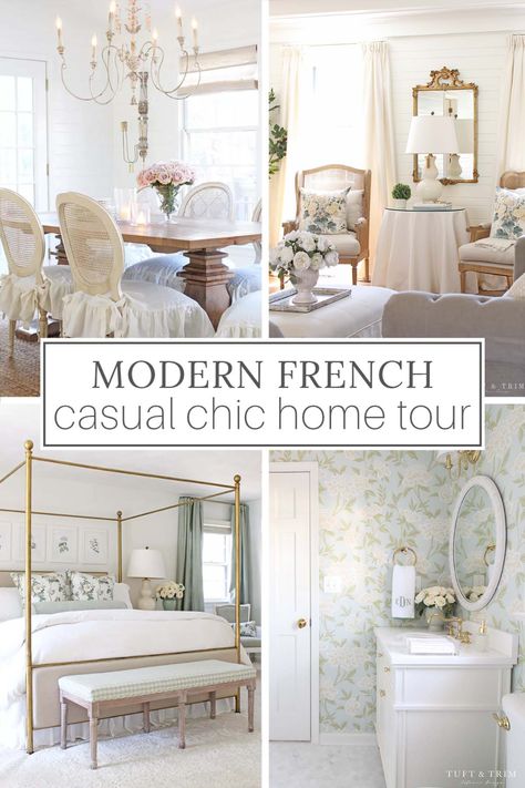 If you love casual chic style that exudes quiet elegance, you'll love this modern french country house tour. Sage Green French Country Living Room, French Provincial Modern Decor, French Country Formal Living Room Ideas, French Country Fabric Bedroom, French Country Glam Bedroom, French Country Remodel, French House Decor Interior, French Country Traditional Decor, French Chic Decor Living Room