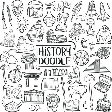 Stock Image: History of Humanity Subject. Traditional Doodle Icons. Sketch Hand Made Design Vector Art. History Notebook Cover, History Kpop, History Lettering, History Notebook, History Logo, History Instagram, History Wallpaper, Historical Drawings, History Aesthetic