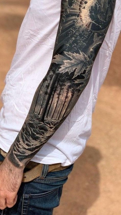 Snowmobile Tattoo Sleeve, Full Animal Sleeve Tattoos, Mountain Theme Tattoo Sleeve, Full Nature Sleeve Tattoo, Woods Sleeve Tattoo, Mens Fox Tattoo, Men’s Nature Sleeve Tattoo, Woodsy Tattoos Men, Mens Sleeve Tattoo Ideas Nature