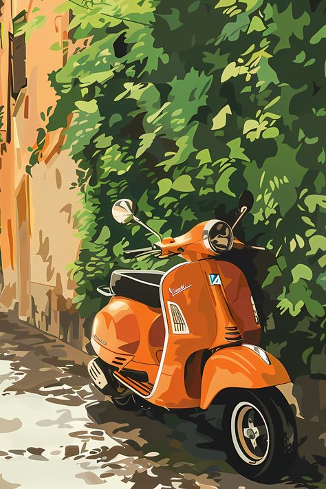 The digital art depicts a classic orange Vespa scooter parked beside a wall covered in lush green foliage. Sunlight filters through the leaves, casting dappled shadows on the ground and the scooter. The wall is a warm, earthy tone, complementing the vibrant color of the Vespa. The overall scene exudes a peaceful, rustic charm, suggesting a quiet, picturesque alleyway in a Mediterranean or European setting. The composition emphasizes the contrast between the vivid scooter and the natural greenery Orange Classical Art, Retro Artwork Illustration, Orange Wall Prints, Aesthetic Posters Wall Decor, Vespa Painting, Orange Vespa, Vespa Poster, Poster Prints Aesthetic, Digital Art Nature