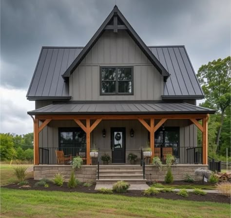 Green House Black Trim Wood Accents, Narrow Barndominium Floor Plans, Metal Siding House, Building Colour, Lakehouse Exterior, Lake Aesthetics, Green Siding, Exterior Farmhouse, House Colours