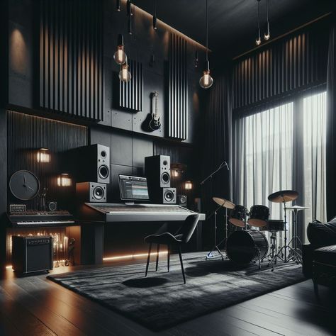 Dark Music Studio, Music Studio Room Luxury, Studio Room Aesthetic, Music Studio Room Aesthetic, Black Home Design, Modern Music Room, Mafia House Aesthetic, Cyberpunk Interior, Fall Decal