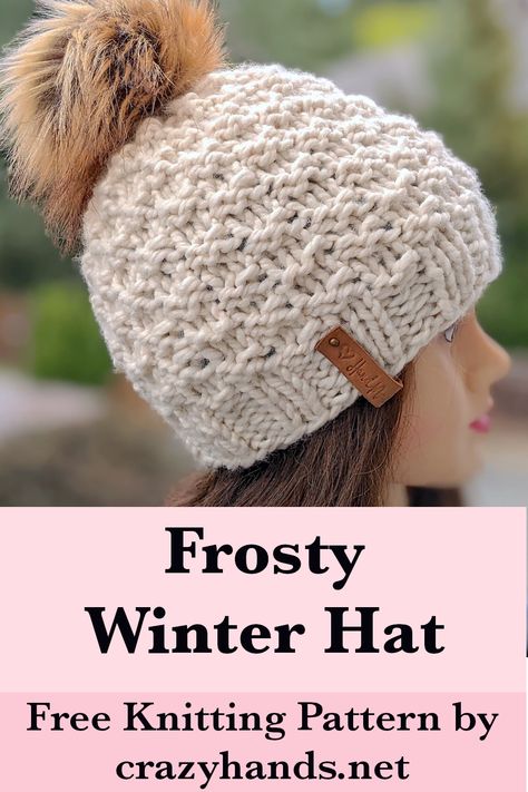 Frosty Knit Beanie Pattern for Women Chunky Knit Hat Pattern, Knitted Hat Patterns Free Women, Chunky Hat Pattern, Easy Scarf Knitting Patterns, Beanie Pattern Free, Easy Knit Hat, Knitted Washcloth Patterns, Free Knitting Patterns For Women, Knit Hat Pattern