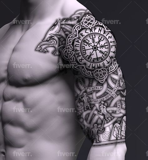 Create perfect celtic, nordic, viking, runes tattoo vector stencil design by Tattoowizardsco | Fiverr Upper Arm Norse Tattoo, Fenrir Tattoo Sleeve, Full Body Viking Tattoo, Norse Tattoo Half Sleeve, Viking Tattoo Half Sleeve, Animated Tattoos Ideas For Men, Norse Style Tattoo, Boho Tattoos Men, Viking Tribe Tattoo