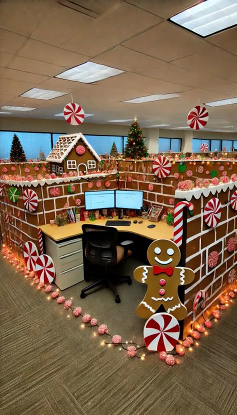 Cubicle Gingerbread House Office Decor, Diy Holiday Office Decor, Call Center Christmas Decorations, Office Desk Holiday Decor, Gingerbread Cubicle Decorations, Cubical Holiday Decor Office, Cubicle Decorating Ideas For Christmas, Ginger Bread House Office Decor, Gingerbread Office Decorating Ideas