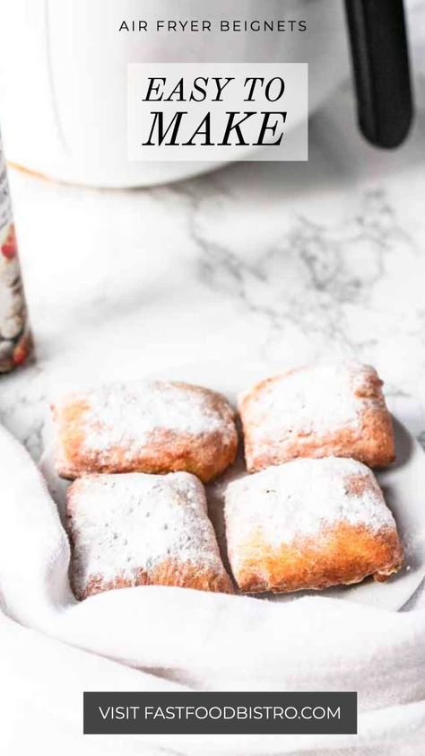 These Air Fryer beignets are easy and made without yeast. These beignets are cooked without oil and still they taste soft and fluffy. Great to serve as a snack or dessert. Want to try? Visit fastfoodbistro.com for the full recipe and instructions Easy Beniegts Recipe, Air Fryer Binet, Baked Beniegts Recipe, Beniegts Air Fryer, Beignets In Air Fryer, Easy Beneights Recipe, Air Fryer Yeast Donut Recipes, Air Fryer Beniegts, Homemade Beniegts