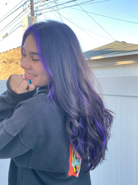 Purple Under Highlights, Purple Under Layer Hair, Purple Underneath Hair Curly, Purple Dip Dye Hair Brunette, Purple Hair Front Pieces, Under Purple Hair, Purple Face Frame Highlights, Purple Peek A Boo Hair, Purple Hair Peekaboo