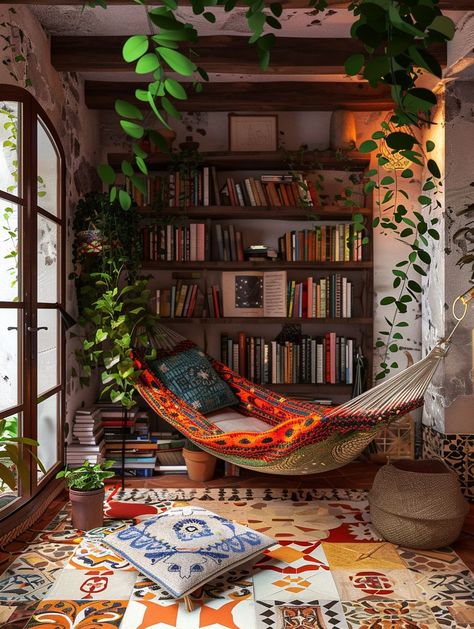 25 Stunning Boho Reading Nook Ideas for Book Lovers - Home Made Graceful Hammock Book Nook, Bohemian Reading Corner, Hammock Reading Nook, Cozy Book Nook Aesthetic, Earthy Reading Nook, She Shed Book Nook, Room Ideas For Book Lovers, Bedrooms With Books, Small Reading Area In Living Room