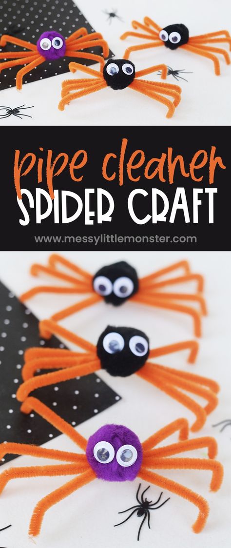 Pipe cleaner spider craft for kids. How to make a spider with pipe cleaners. Halloween Spider Art Preschool, Play Doh Spiders, Make Spiders For Halloween, Fun Halloween Projects For Kids, Kids Craft For Halloween, Pipe Cleaner Spiders Diy, Creepy Crawlers Crafts For Toddlers, Spider Craft Halloween, Prek Spider Craft