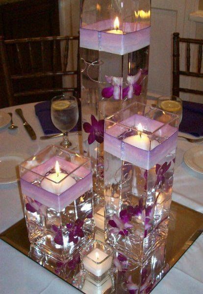 Water Candles, Inexpensive Wedding Flowers, Purple Wedding Centerpieces, Floating Candle Centerpieces, Tafel Decor, Diy Centerpieces, Candle Centerpieces, Floating Candles, E Card