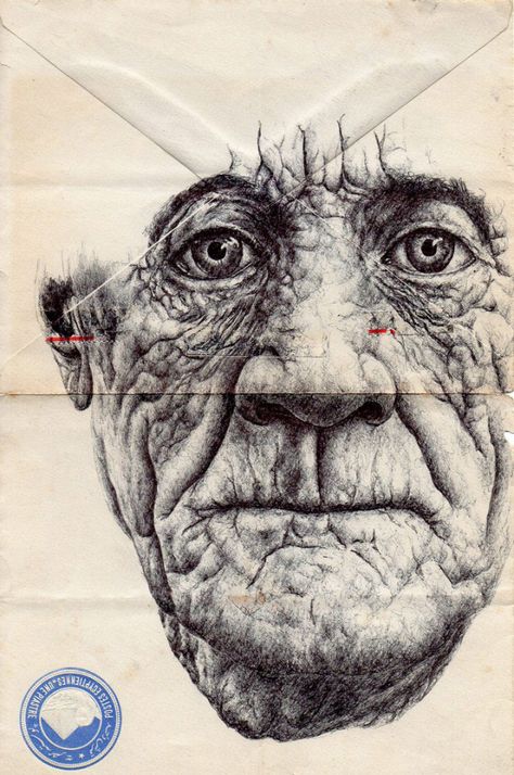 Mark Powell draws incredibly detailed, sumptuous portraits on the backs of vintage envelopes with nothing but a regular old Bic Biro pen. These portraits, often of the elderly subjects, are drawn on the backs of vintage envelopes, and Powell subtly incorporates remnant text, stamps, or just the lines of folding into his work. The result is an extremely compelling series that makes us reconsider the lost art of letter writing — and makes us want to call our grandparents Mark Powell, Biro Drawing, Envelope Art, Piece Of Paper, Gcse Art, Arte Sketchbook, A Level Art, Pen Art, Mail Art