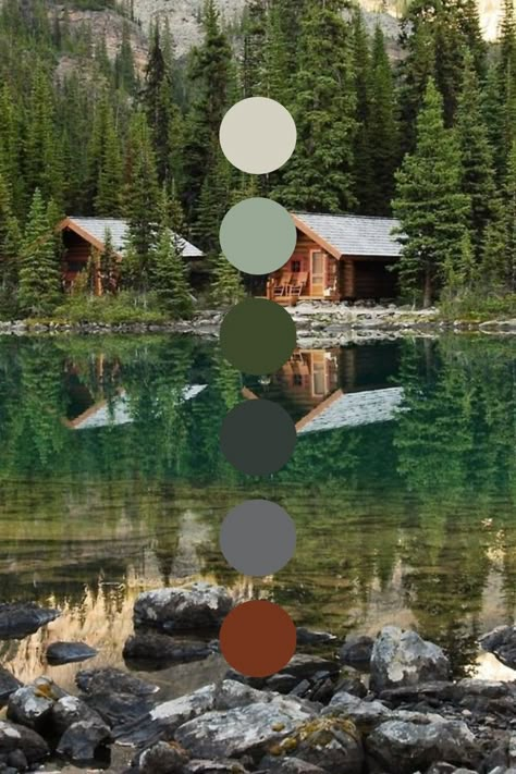 Lake Cabin Color Palette, Woodland Cabin Interior, Lake Superior Color Palette, Ski Lodge Color Palette, Green Cabin Interior, Log Cabin Color Palette, Cabin Color Schemes, Lake House Colors, Cabin Color Palette