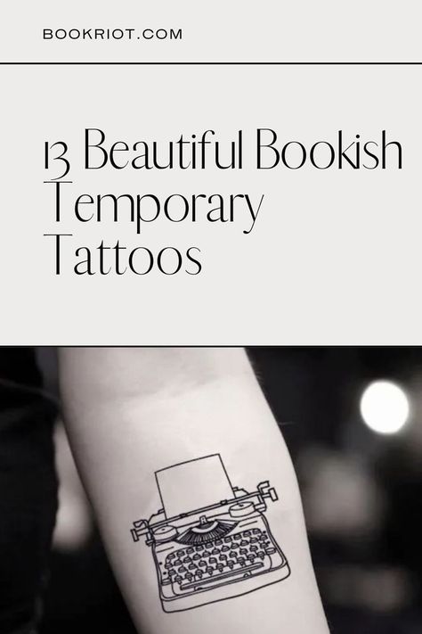 Fineline Bookish Tattoo, Small Typewriter Tattoo, Classic Book Tattoo Ideas, Writer Tattoo Ideas Writing, Book Tattoo For Men, Author Tattoo Ideas, Just One More Chapter Tattoo, Typewriter Tattoo Minimalist, Bookshelf Tattoo Ideas