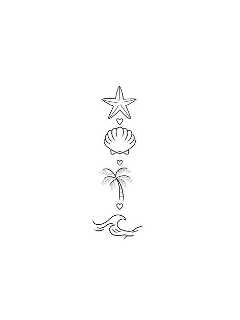 Uno Tattoo Ideas, Hawaii Symbols Tattoo Ideas, Starfish And Sand Dollar Tattoo, Punta Cana Tattoo Ideas, Seashell Line Tattoo, Los Angeles Tattoo Ideas Small, Beach Vibes Tattoo, Beach Scene Tattoo Design, Simple Beach Tattoos