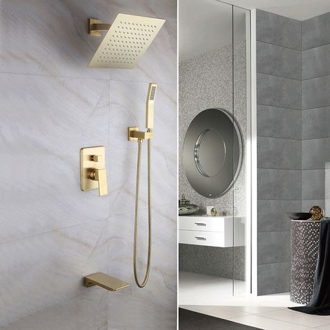 Solid Brass Wall Mount 10" Rainshower Hand Shower & Tub Spout Shower System in Brushed Gold Rain Shower System, Dual Shower Heads, Shower Faucet Sets, Rainfall Shower Head, Tub Spout, Handheld Shower Head, Rainfall Shower, Gold Wall, Shower Valve