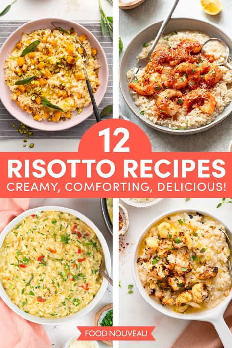 Risotto is the perfect dish to serve on cooler nights. The classic Italian dish is a blank canvas that can spark your creativity and these 12 delicious, creamy risotto recipes will inspire you! Main Dish Risotto Recipes, Savory Risotto Recipes, Cajun Risotto Recipes, Sun Dried Tomato Risotto Recipes, Christmas Risotto, Creamy Risotto Recipes, Risotto Dinner Ideas, Risotto Ideas, Caprese Risotto