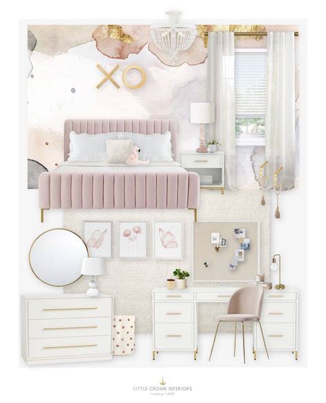 E-Design Reveal: Blush and Gold Girl's Bedroom - Little Crown Interiors Pink And Antique Gold Bedroom, Teen Room Designs Girl, 8 Year Girl Room Ideas, Pink Gold White Bedroom, 8 Year Girl Bedroom Ideas, Pink White And Gold Bedroom, Gold And Pink Bedroom, Teen Room Wallpaper, Pink And Gold Room