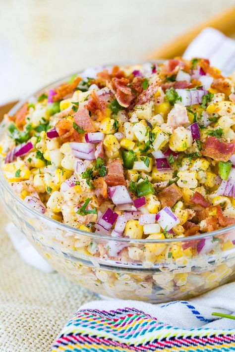 Just when you thought our ultra delicious Mexican corn salad couldn't get any better, we went and added jalapeno and bacon! You. are. welcome! #mexicancornsalad #sidedish #elote Corn Salad With Bacon, Elote Salad, Jalapeno Bacon, Mexican Corn Salad, Grilled Corn Salad, Mexican Street Corn Salad, Jalapeno Recipes, Corn Salad Recipes, Stuffed Jalapenos With Bacon