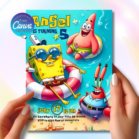 Pool Party Birthday Invitation: Blue Spongebob Beach-Themed Tropical Summer Invite for Teens and Kids. DIY Editable Canva Template. Spongebob Beach, Summer Invite, Pool Party Birthday Invitations, Pool Birthday Party, Tropical Summer, Kids Diy, Beach Themed, Diy Prints, Party Birthday